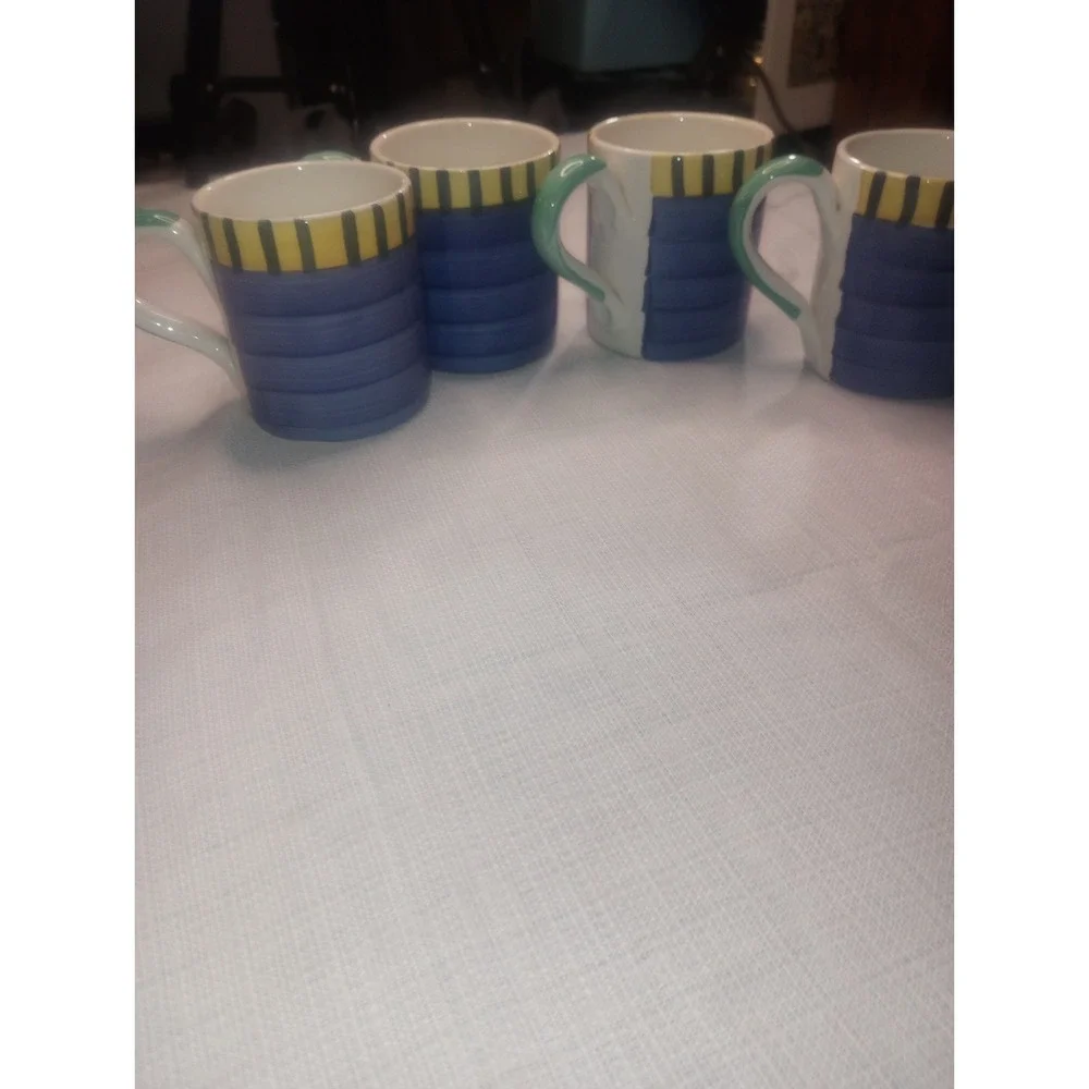 Pier One Italy Hand‎ Painted Coffee Mugs Set of 4 Blue Stripe